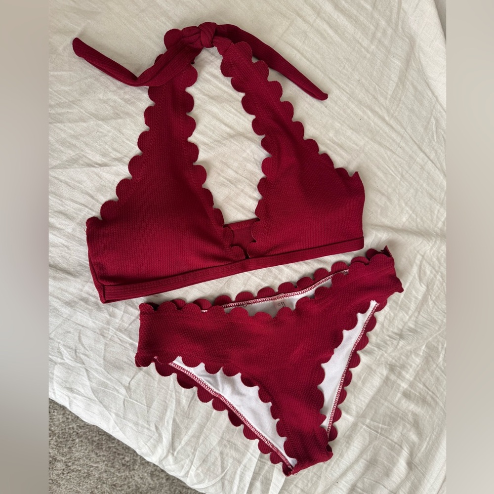 Scalloped Halter Bikini Set - Burgundy